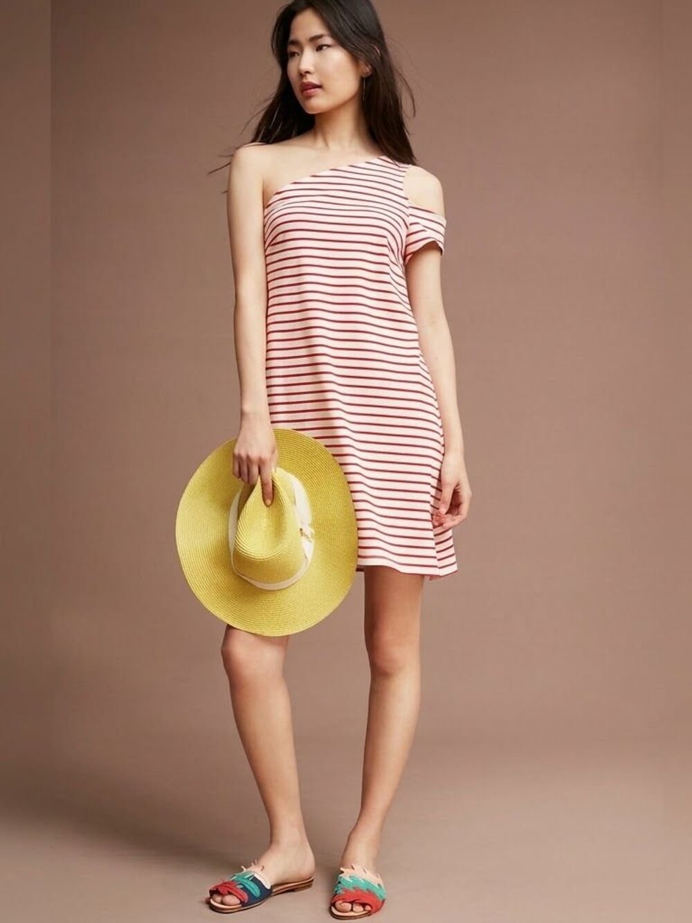 Anthropologie Maeve Marketa One-Shoulder Dress Red Cream Size L Coastal Tailgate